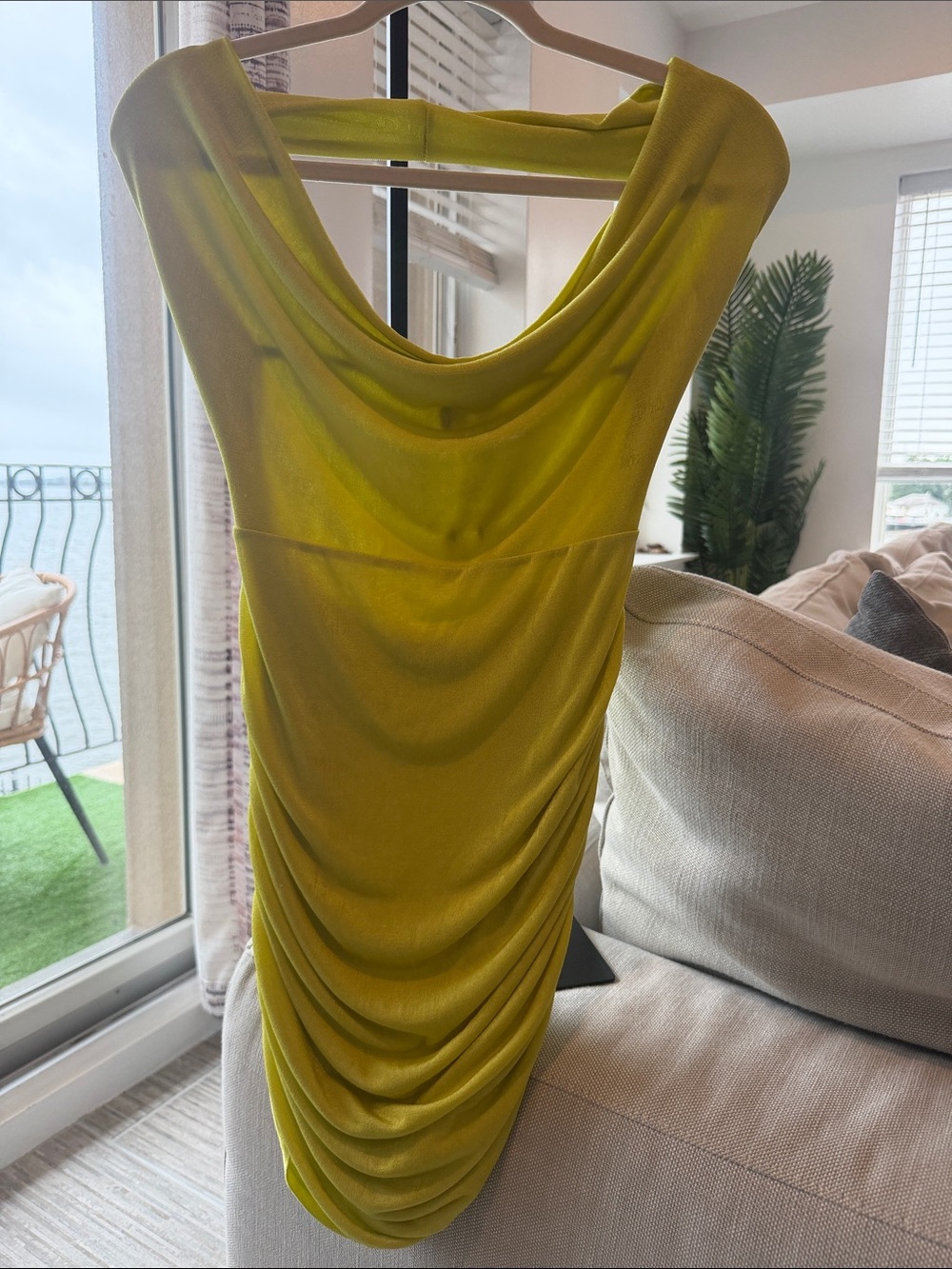 AKIRA Lime Green Backless Ruched Cowl Neck Dress